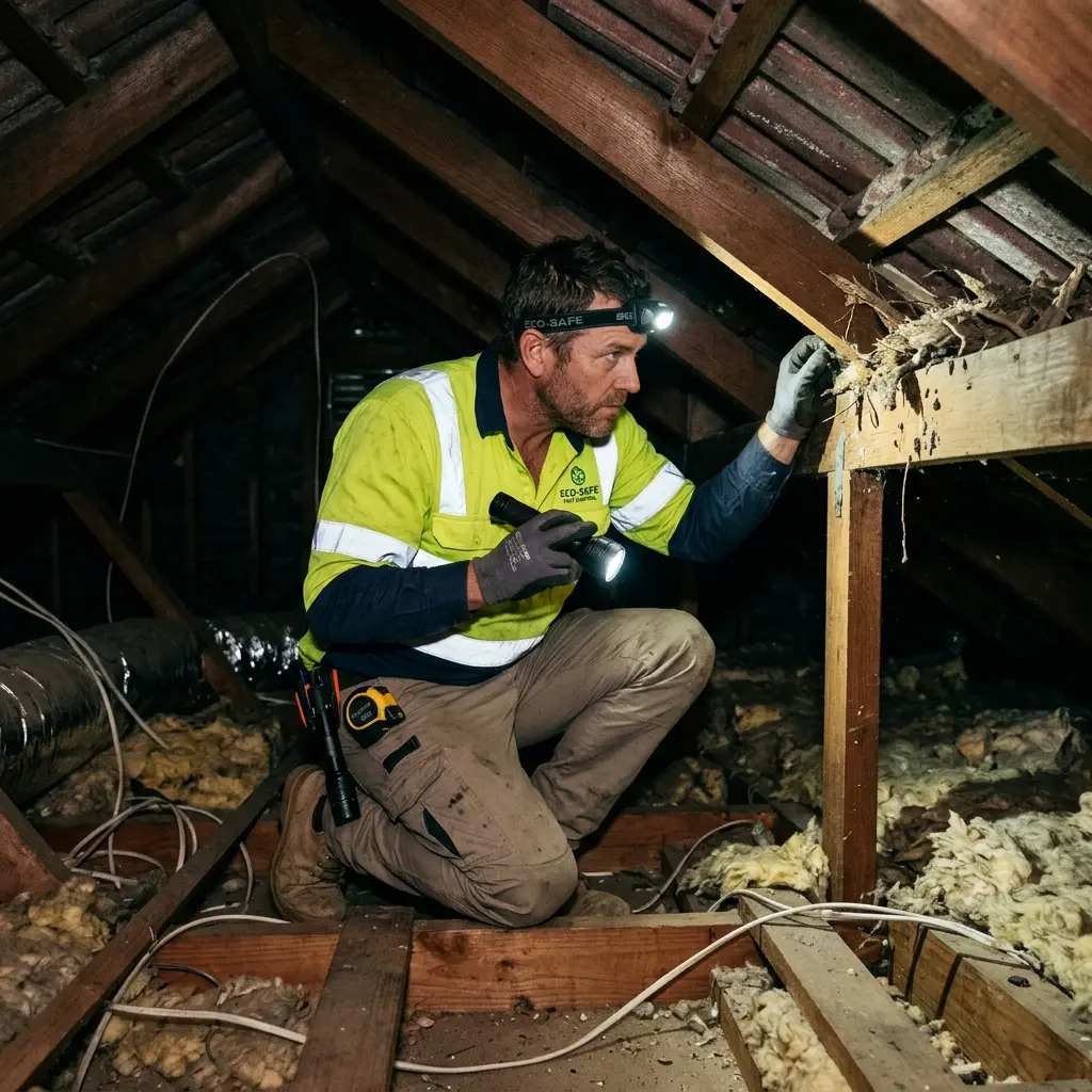 Technician inspecting a roof cavity for a dead animal in Thomastown